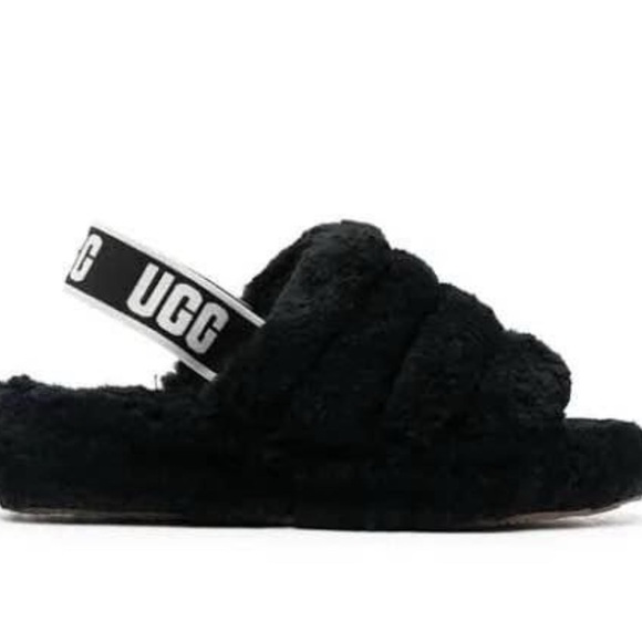 UGG Fluff Yeah black Slippers womens 10 NEW Logo Strap - Picture 1 of 3